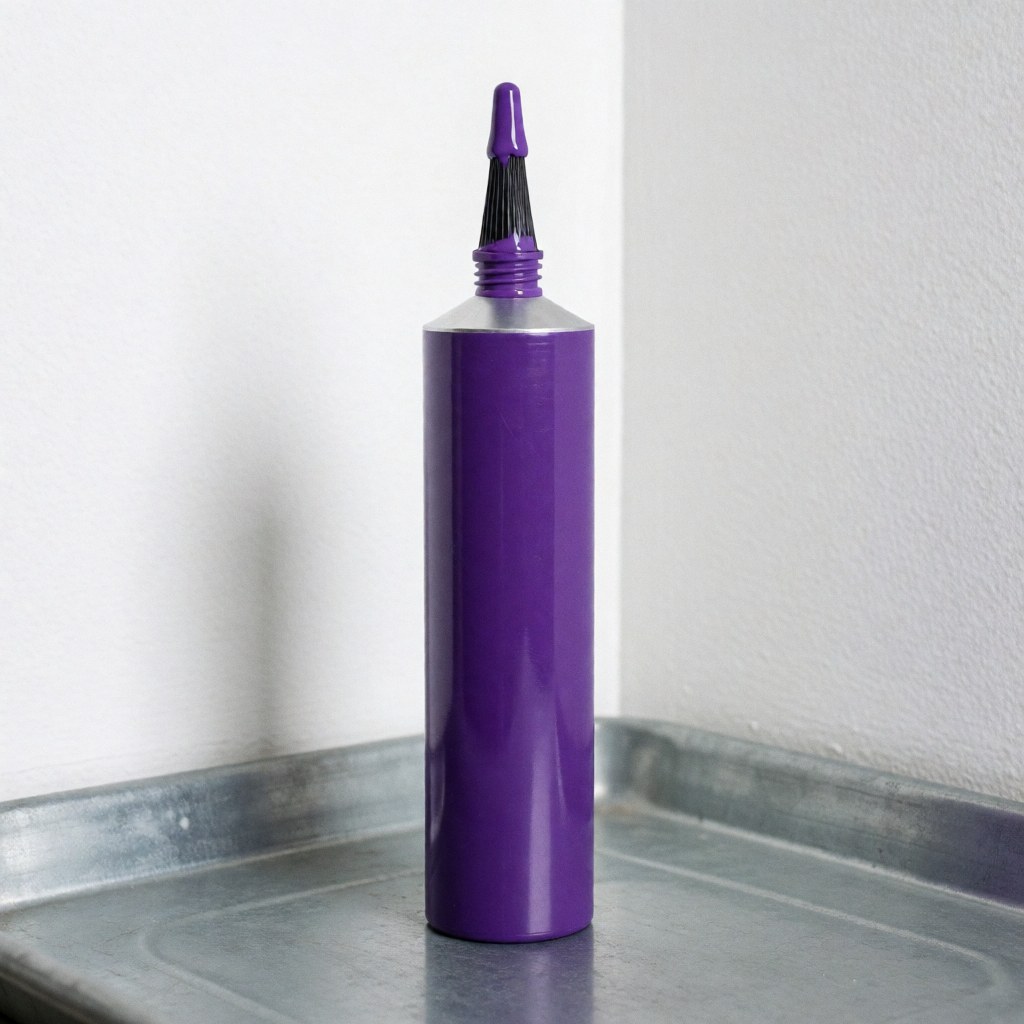 Close-up of purple PVC pipe cement in a metal tray with an applicator brush, ready for plumbing installation.