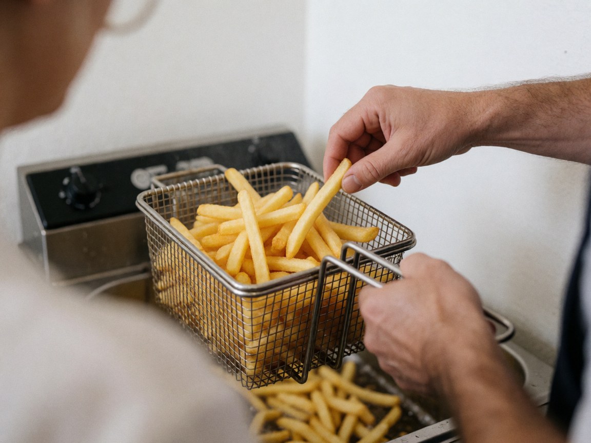Crispy golden fries being lifted out of a deep fryer with a metal basket in a professional commercial kitchen setting.