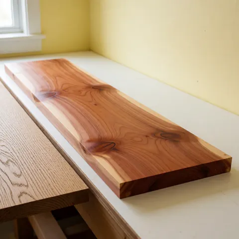 Close-up of a polished cedar board with natural grain and knots next to an oak board on a workbench with yellow walls and natural light