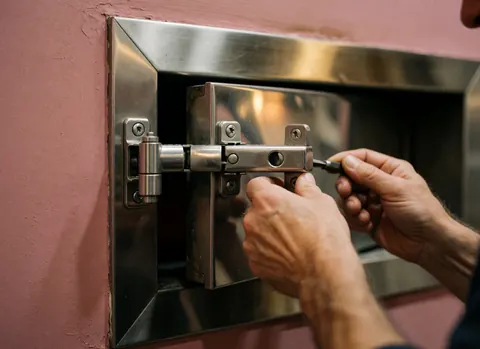 Hands adjusting a stainless steel lock on a commercial oven door with a pink wall background and warm light reflections on the metal surface.
