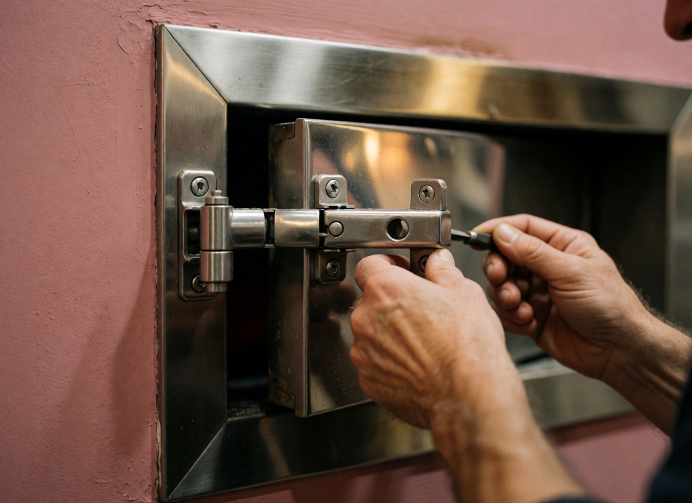 Hands adjusting a stainless steel lock on a commercial oven door with a pink wall background and warm light reflections on the metal surface.