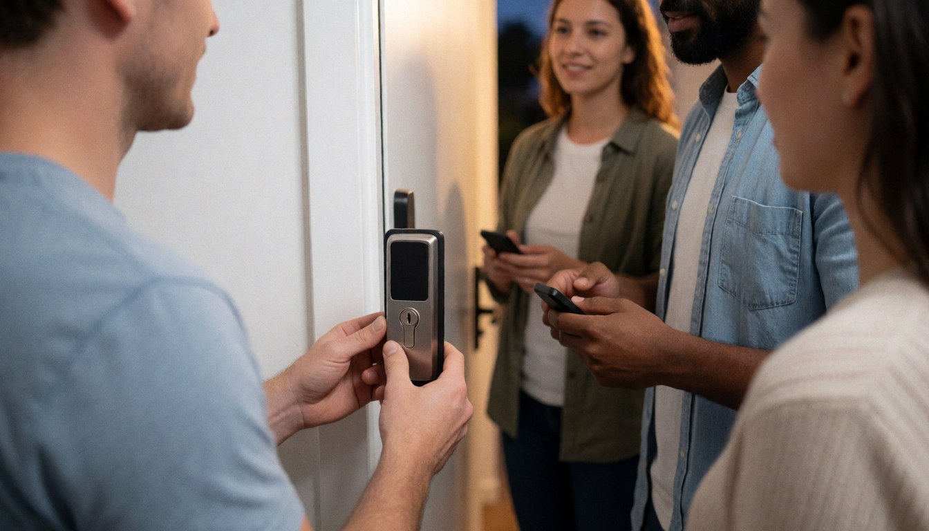 Technician installing a modern lock on a door while three people watch in a warm sunset light, emphasizing security and teamwork.