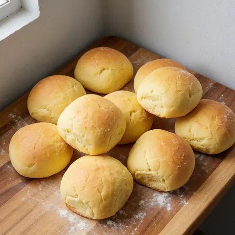 A woven basket filled with round, golden-yellow pan de bono bread rolls on a wooden surface
