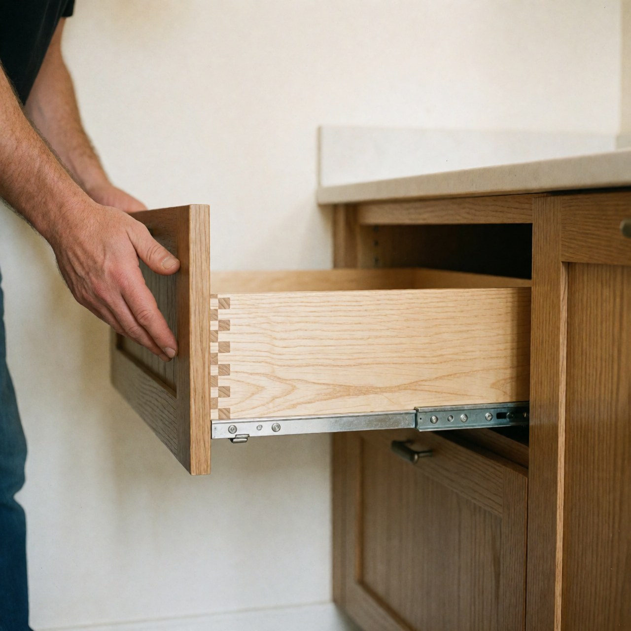 A hand pulling open a wooden kitchen drawer with visible dovetail joints and metal hinges, revealing the interior and opening mechanism.