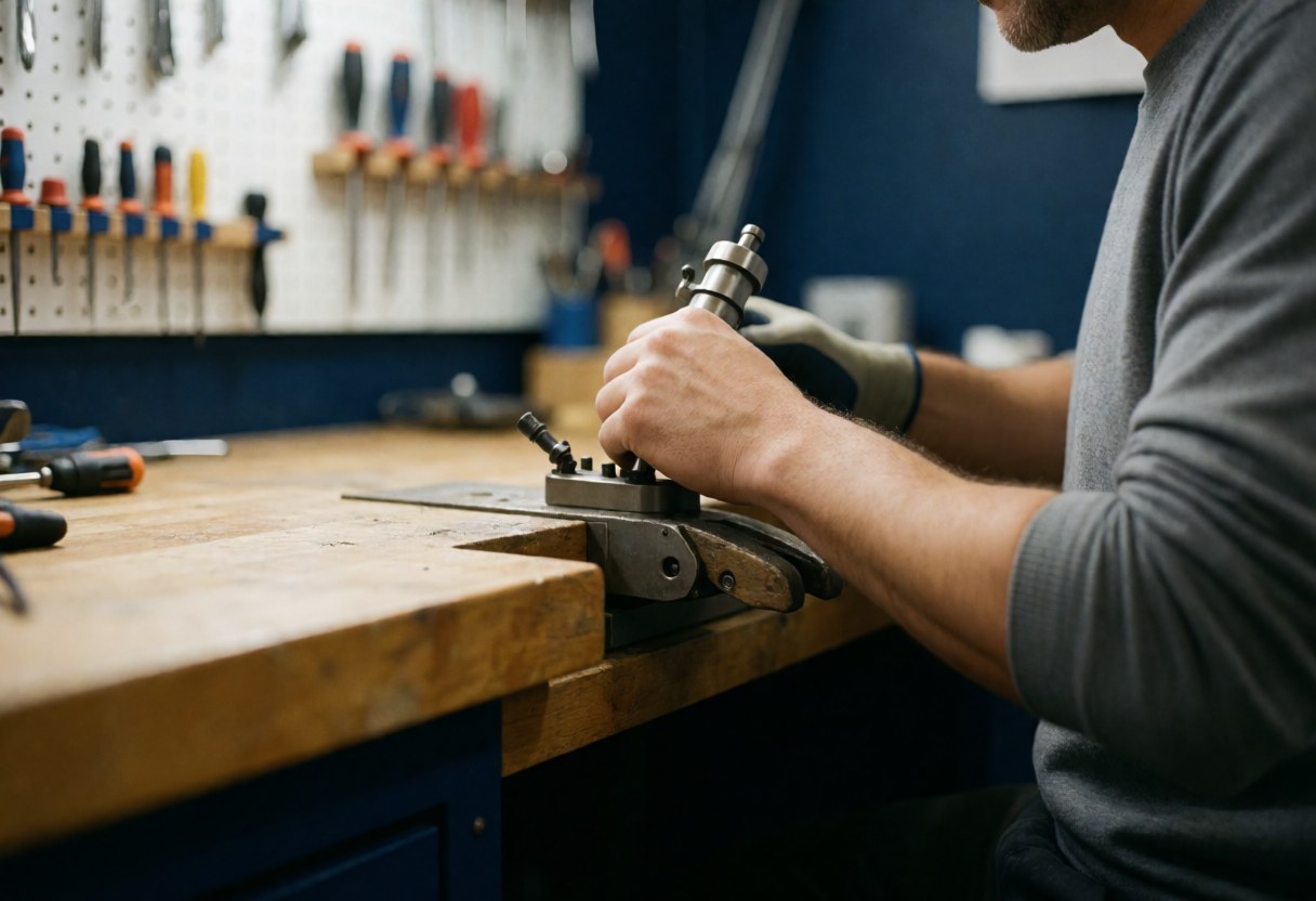 Technician adjusting a precision tool in a workshop with blurred tools in the background and blue walls