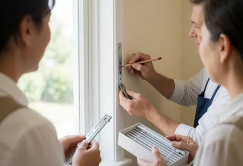 Three people work together installing blinds on a white window frame, one marking with a pencil, another holding metal, and the third holding a blind box.