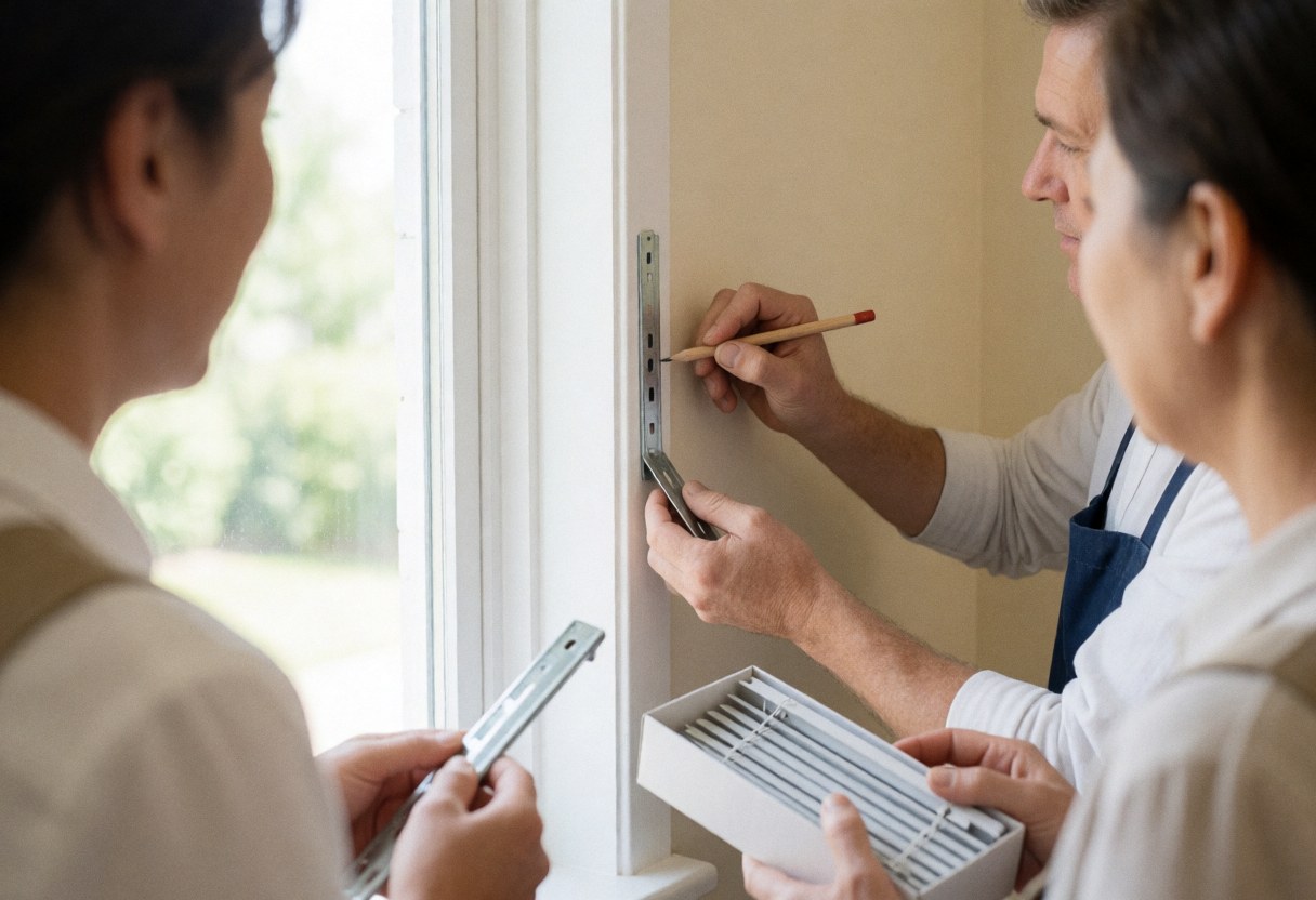 Three people work together installing blinds on a white window frame, one marking with a pencil, another holding metal, and the third holding a blind box.