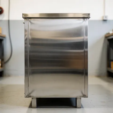 Close-up view of a custom-built stainless steel cabinet in a professional commercial kitchen, showcasing reflective metal surfaces and industrial construction.