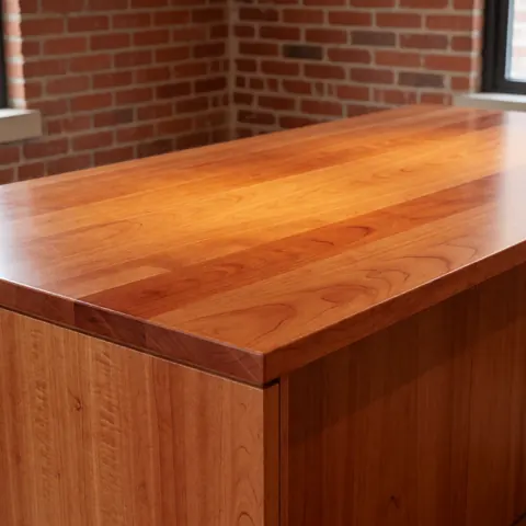 Close-up view of a smooth, polished cherry wood countertop with visible grain and warm tones, suitable for modern kitchen design and interior decoration.