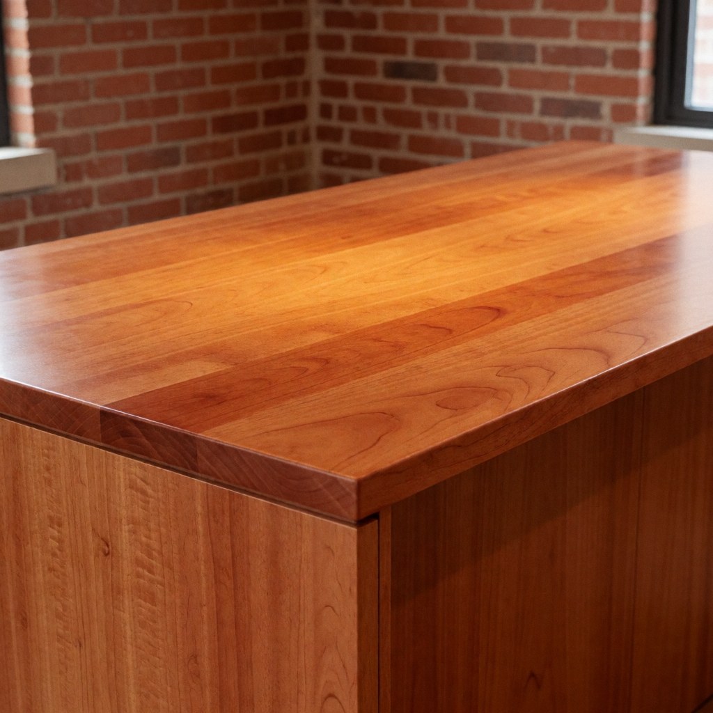 Close-up view of a smooth, polished cherry wood countertop with visible grain and warm tones, suitable for modern kitchen design and interior decoration.