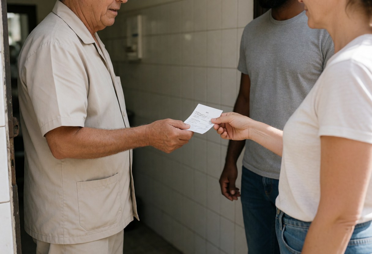 A technician in uniform hands a receipt to a client at a tiled entrance with natural light, showing a professional interaction.