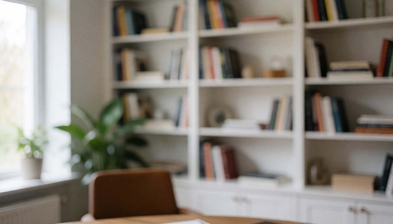 White bookshelf with books, plant, and window, ideal for corporate text and remote work services