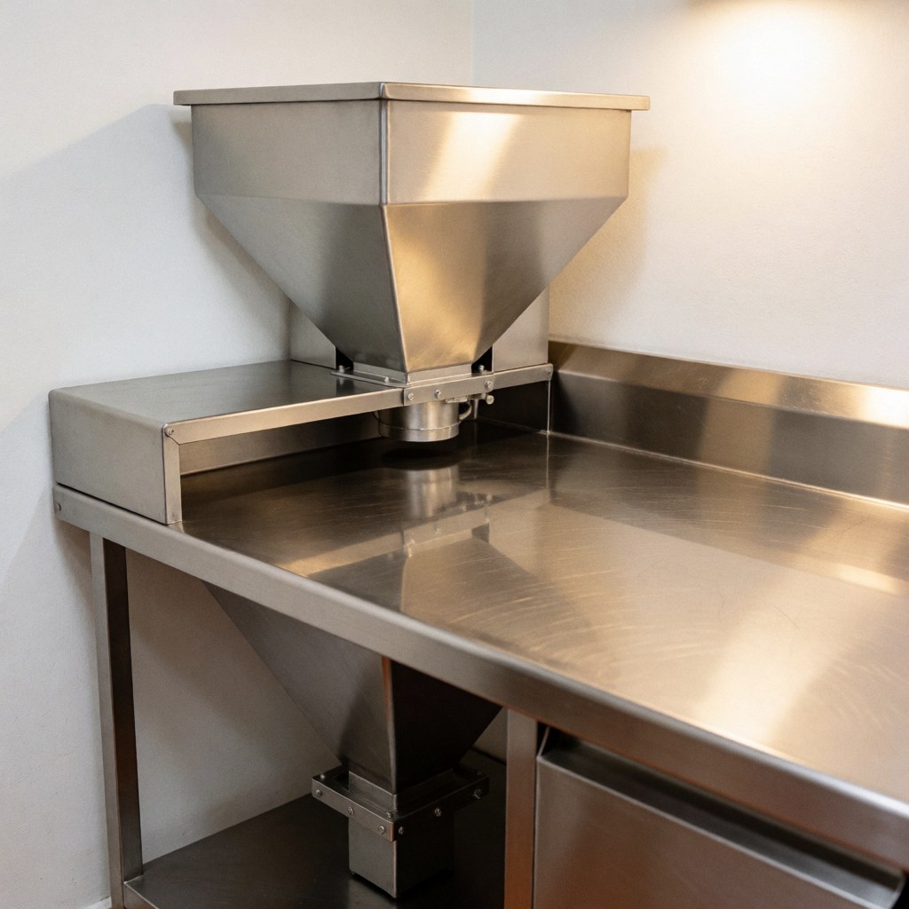 Professional stainless steel tortilla preparation table featuring an integrated hopper and polished surface for commercial kitchen production.