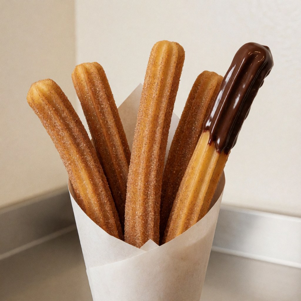 Golden brown churros served on paper with a side of rich chocolate dipping sauce on a counter