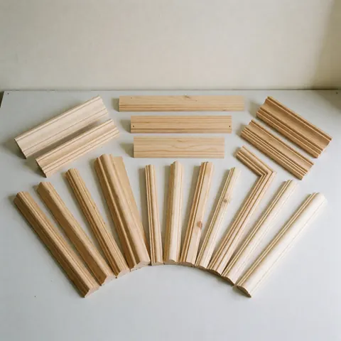 A collection of various wooden decorative moldings and trim pieces displayed together, showcasing different profiles and designs for interior home construction and renovation projects.