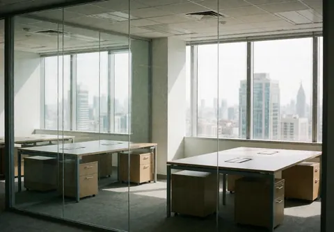 A modern, minimalist office space featuring clean desks, large windows, and a bright city view, ideal for professional business environments.