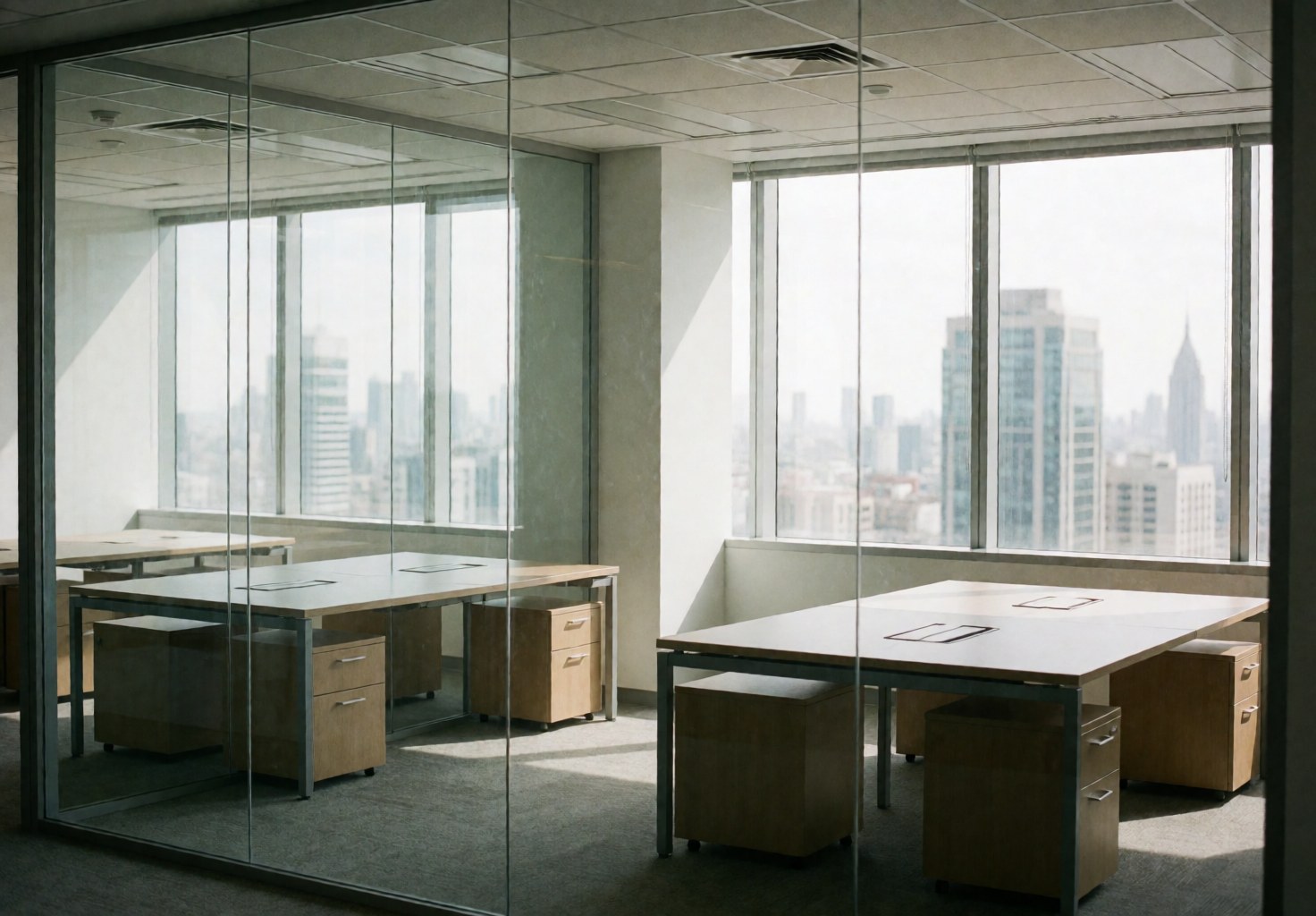 A modern, minimalist office space featuring clean desks, large windows, and a bright city view, ideal for professional business environments.