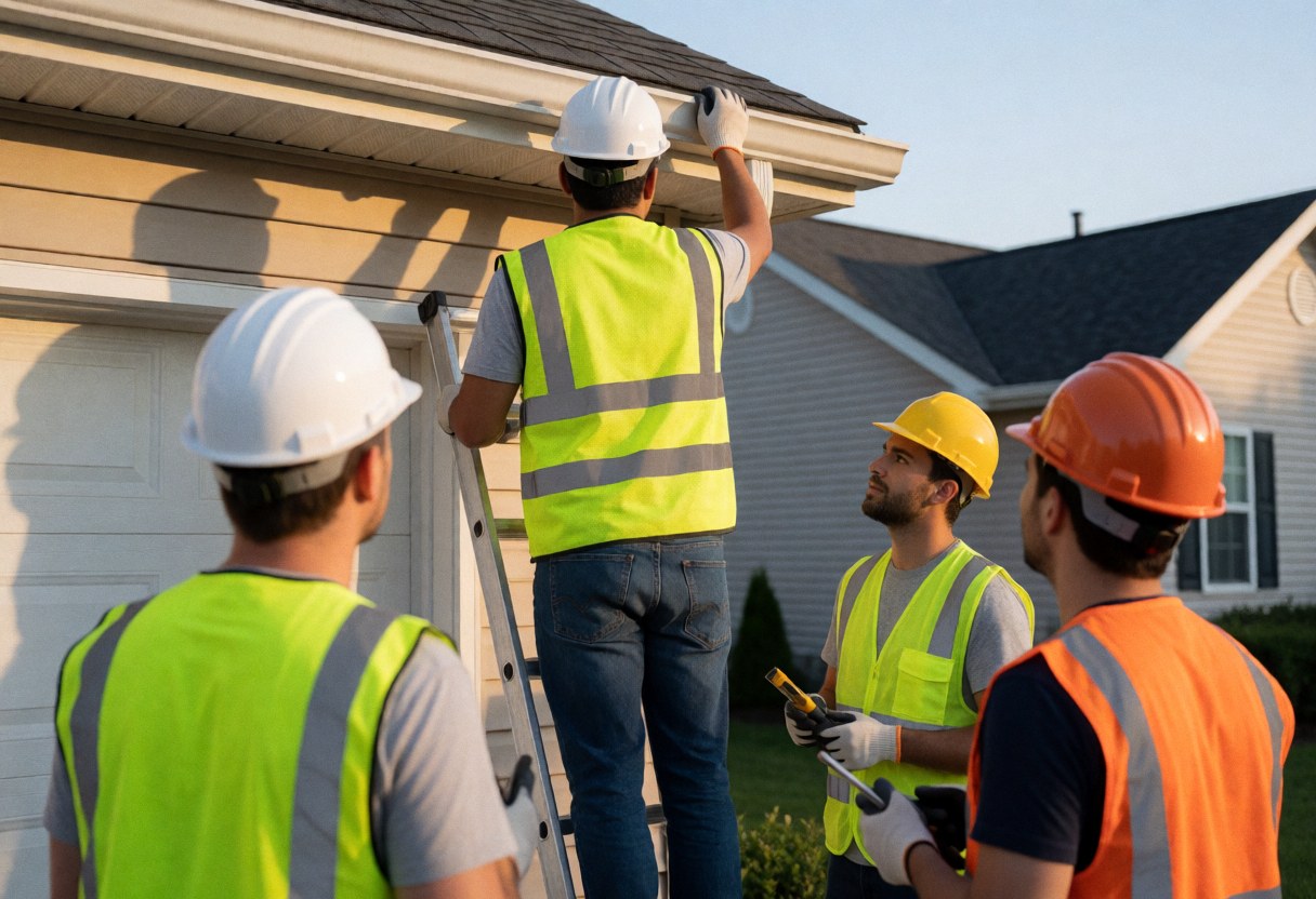 Four workers in safety gear inspect a house gutter. One stands on a ladder while others observe, showcasing teamwork during an exterior service call.