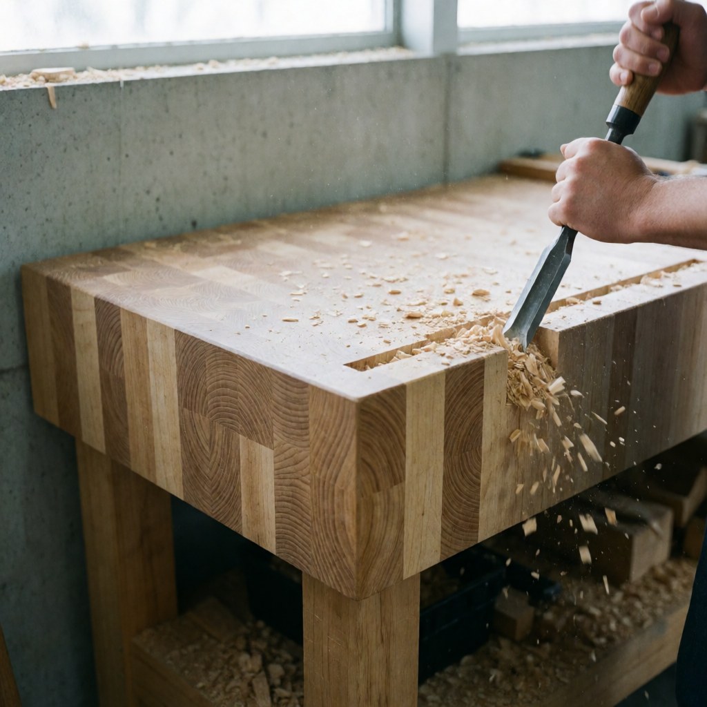 Close-up of a hand using a carpentry tool to carve a wooden table, creating sparks against a concrete wall with natural lighting