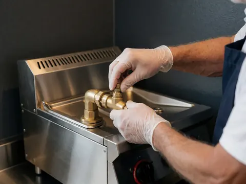 Detailed view of a brass valve and metal components on a commercial kitchen fryer, showing precise installation and maintenance work with a gray background
