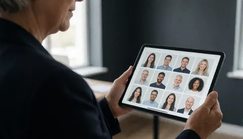A professional reviews a digital newsletter with team photos on a tablet in a modern office with natural light, focusing on work and technology.