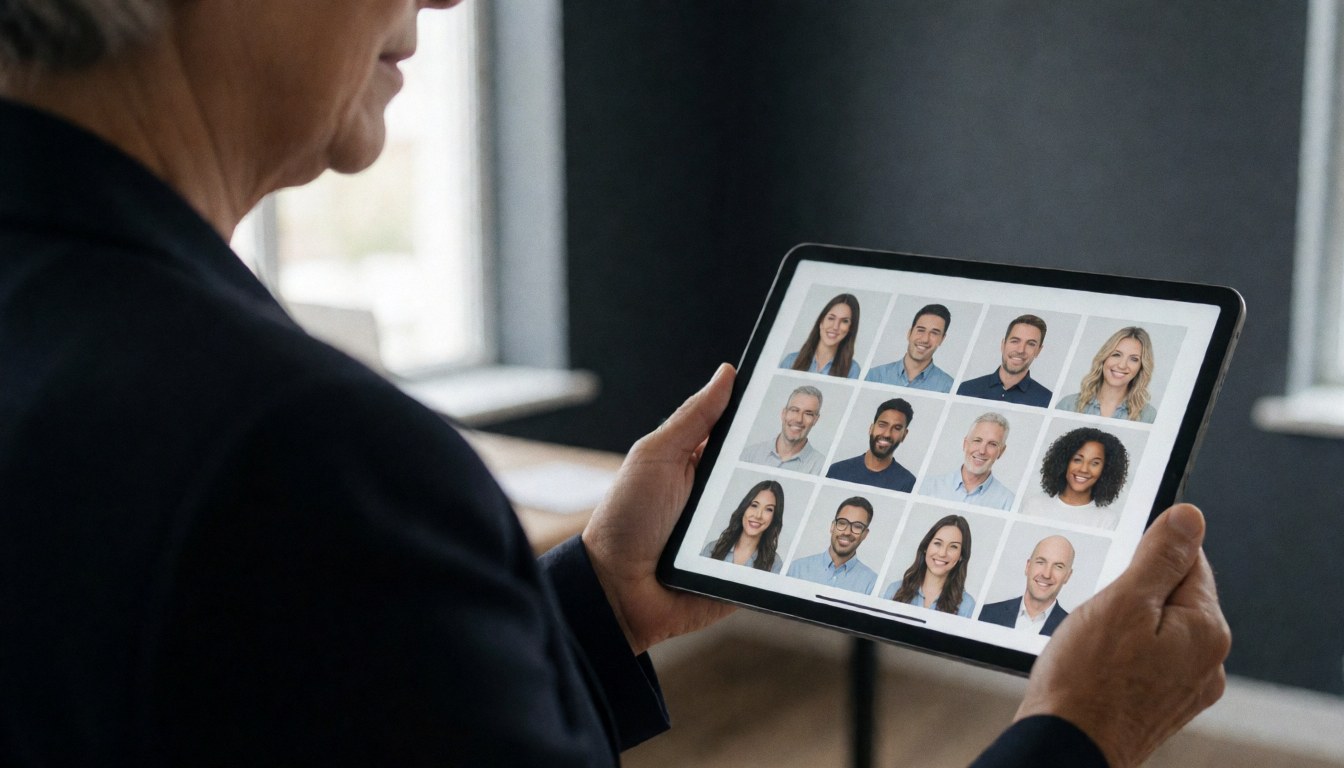 A professional reviews a digital newsletter with team photos on a tablet in a modern office with natural light, focusing on work and technology.