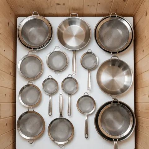 An organized collection of stainless steel pans, strainers, and cooking tools arranged on a white surface with wooden accents in a modern commercial kitchen setting