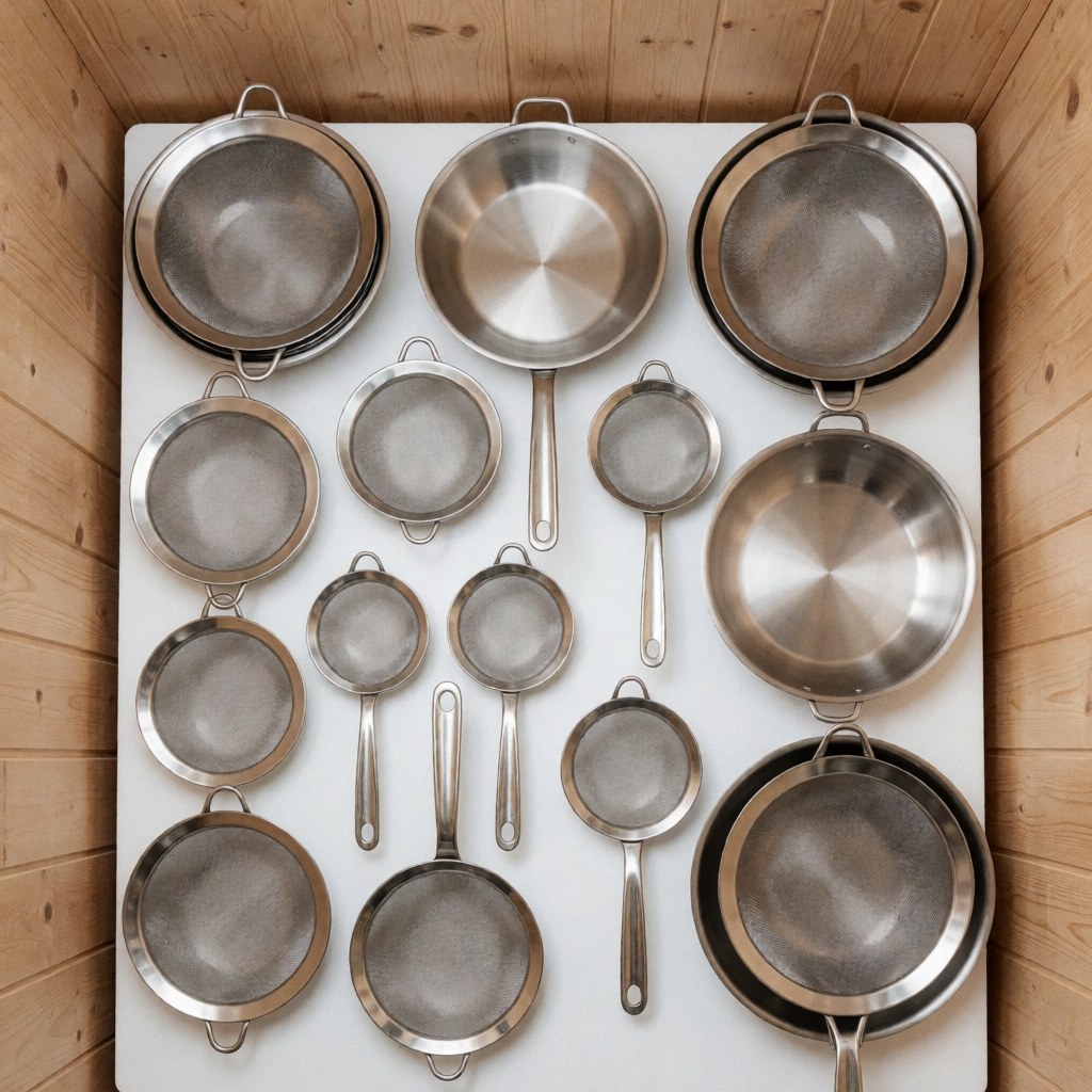 An organized collection of stainless steel pans, strainers, and cooking tools arranged on a white surface with wooden accents in a modern commercial kitchen setting