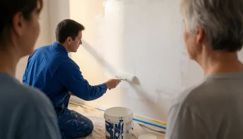 A painter in a blue uniform uses a roller to apply white paint to a wall while two people watch from the sides, with warm lighting and copy space on the painted surface.