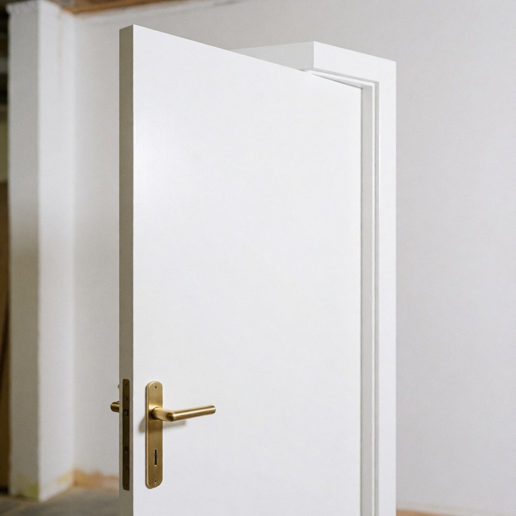Close-up of a white wooden interior door featuring a polished bronze handle, suitable for home or business installation projects.