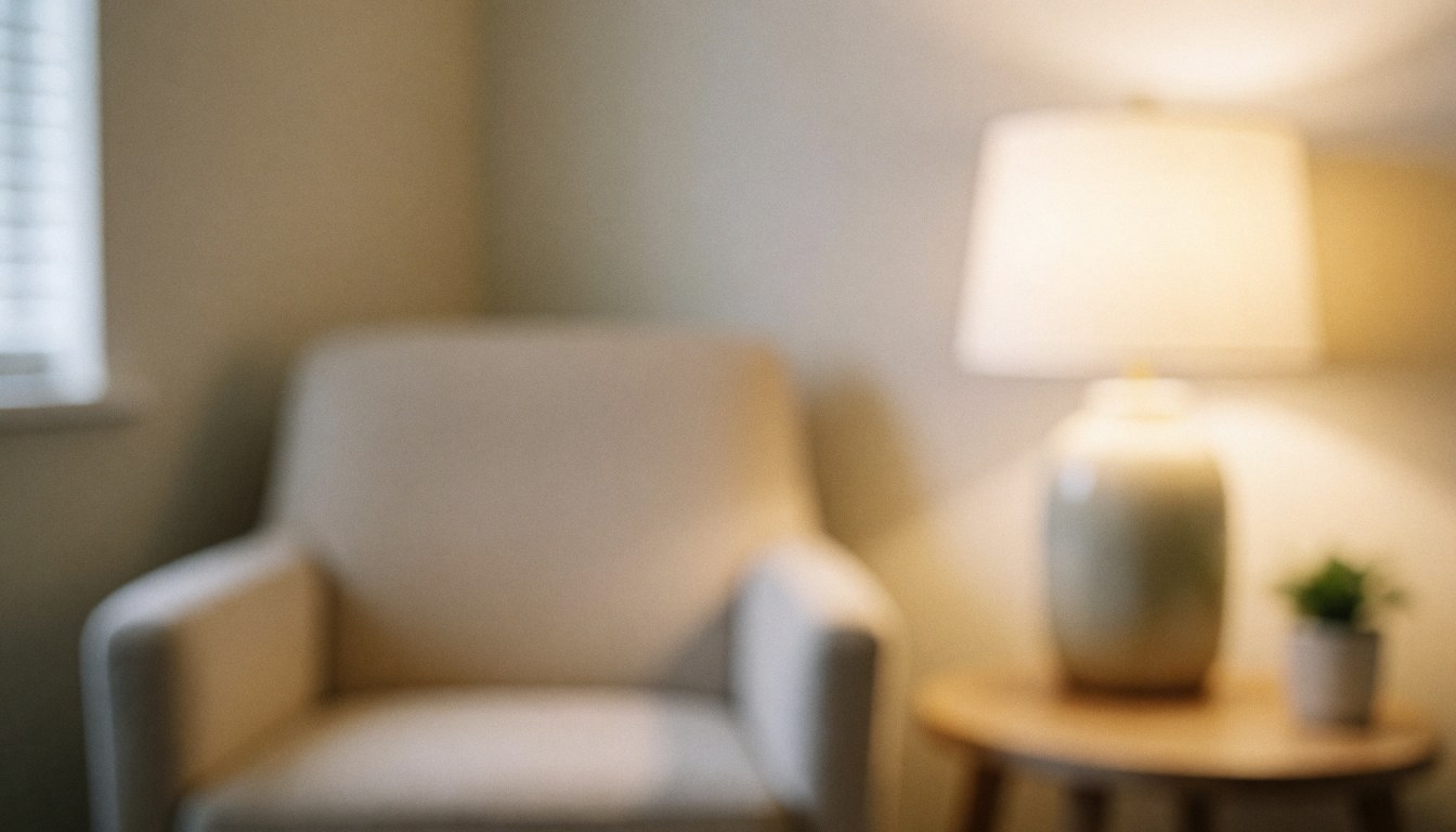A welcoming corner in a psychology office featuring a white chair, a lamp, and a plant, creating a calm atmosphere for therapy services.