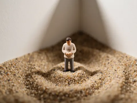 A detailed close-up view of a small individual figurine resting on a textured sandy surface, highlighting the fine grains and subtle shadows.