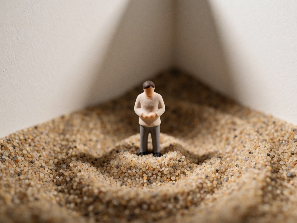 A detailed close-up view of a small individual figurine resting on a textured sandy surface, highlighting the fine grains and subtle shadows.