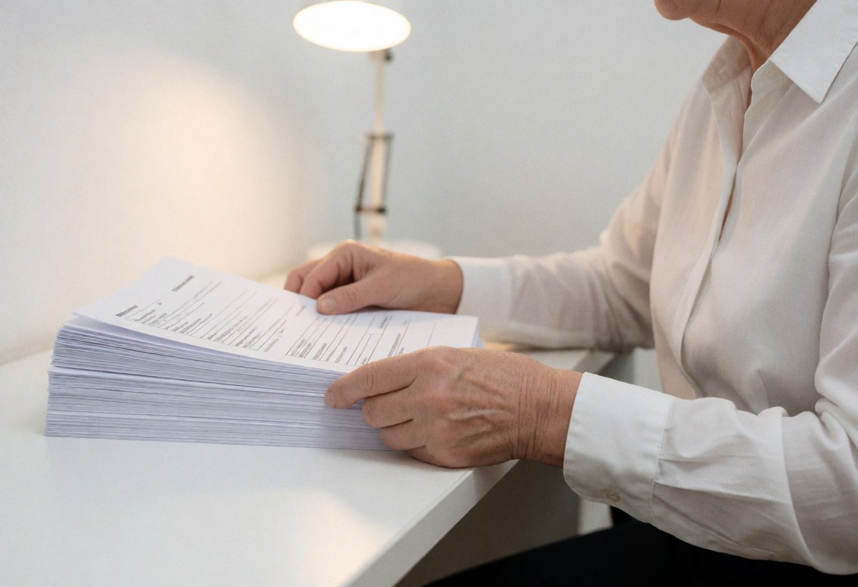 A psychologist organizes a stack of forms on a white desk with a lamp in a professional clinical setting.