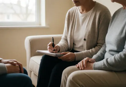 A female psychologist writes in a notebook while listening attentively to a client in a calm, naturally lit office.