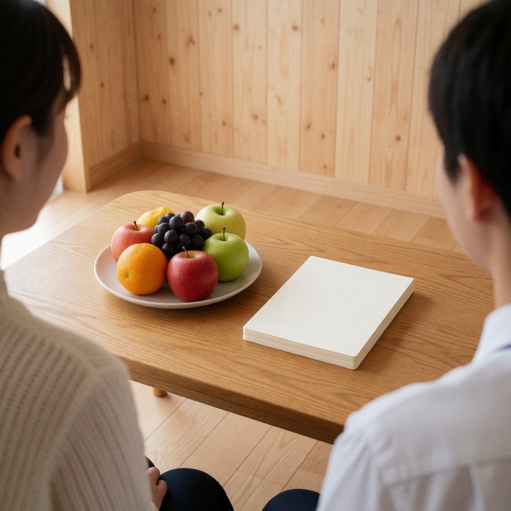Two people sit at a wooden table with fresh fruits and blank notebooks in a calm therapy setting with natural panel walls