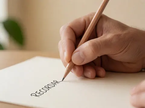 Close-up of an adult hand using a wooden pencil to write the word remember on cream paper in a warm natural setting for psychology and cognitive work