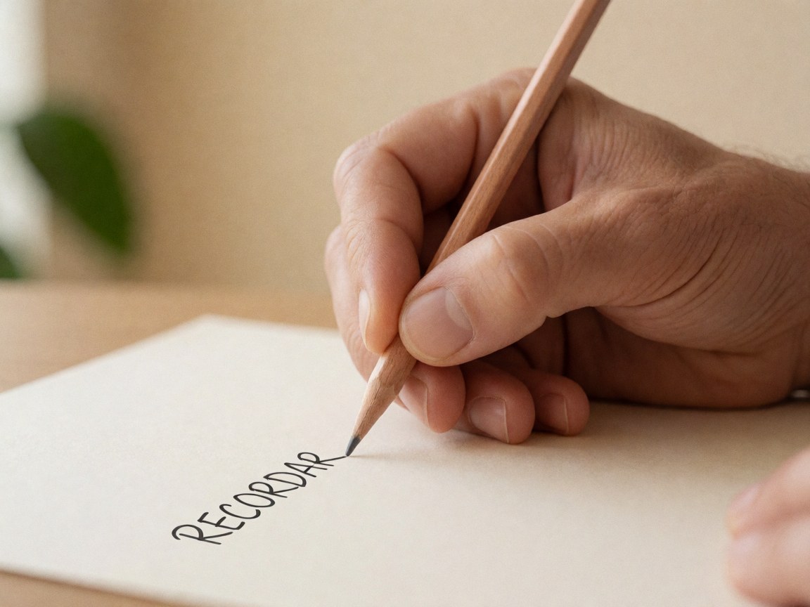 Close-up of an adult hand using a wooden pencil to write the word remember on cream paper in a warm natural setting for psychology and cognitive work