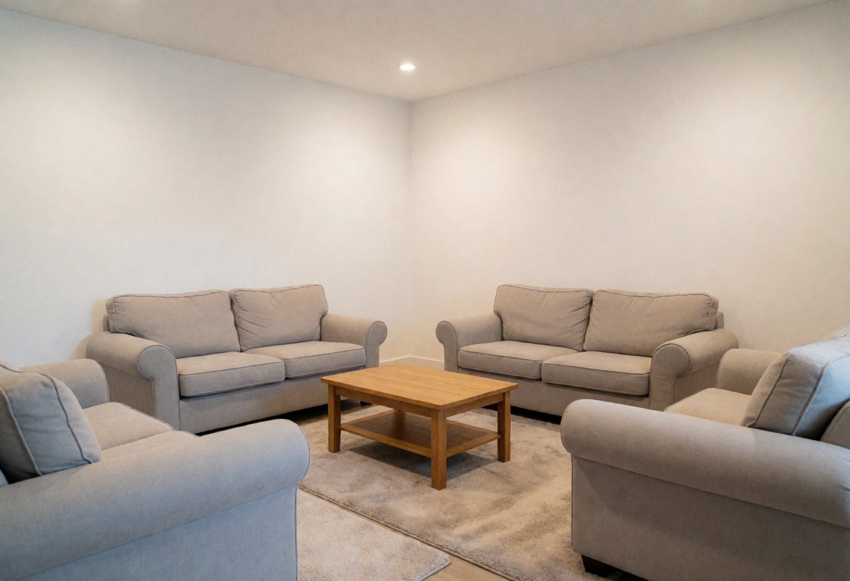 A clean and calming therapy waiting area featuring a comfortable gray sofa, a wooden side table, and soft natural light creating a safe and welcoming atmosphere for clients.