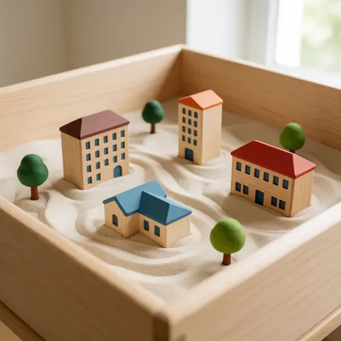 A close-up view of a sand tray therapy setup featuring miniature wooden houses, small trees, and natural light illuminating the calm interior space used for child psychology sessions