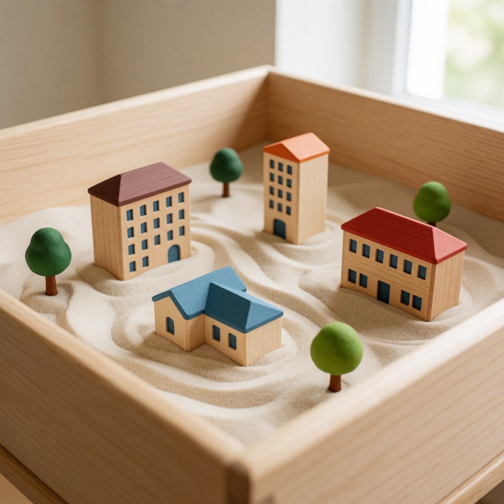 A close-up view of a sand tray therapy setup featuring miniature wooden houses, small trees, and natural light illuminating the calm interior space used for child psychology sessions