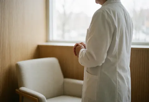 Back view of a psychologist in a consultation room with interlaced hands, natural light, white chair, and light wood walls creating a calm professional atmosphere.