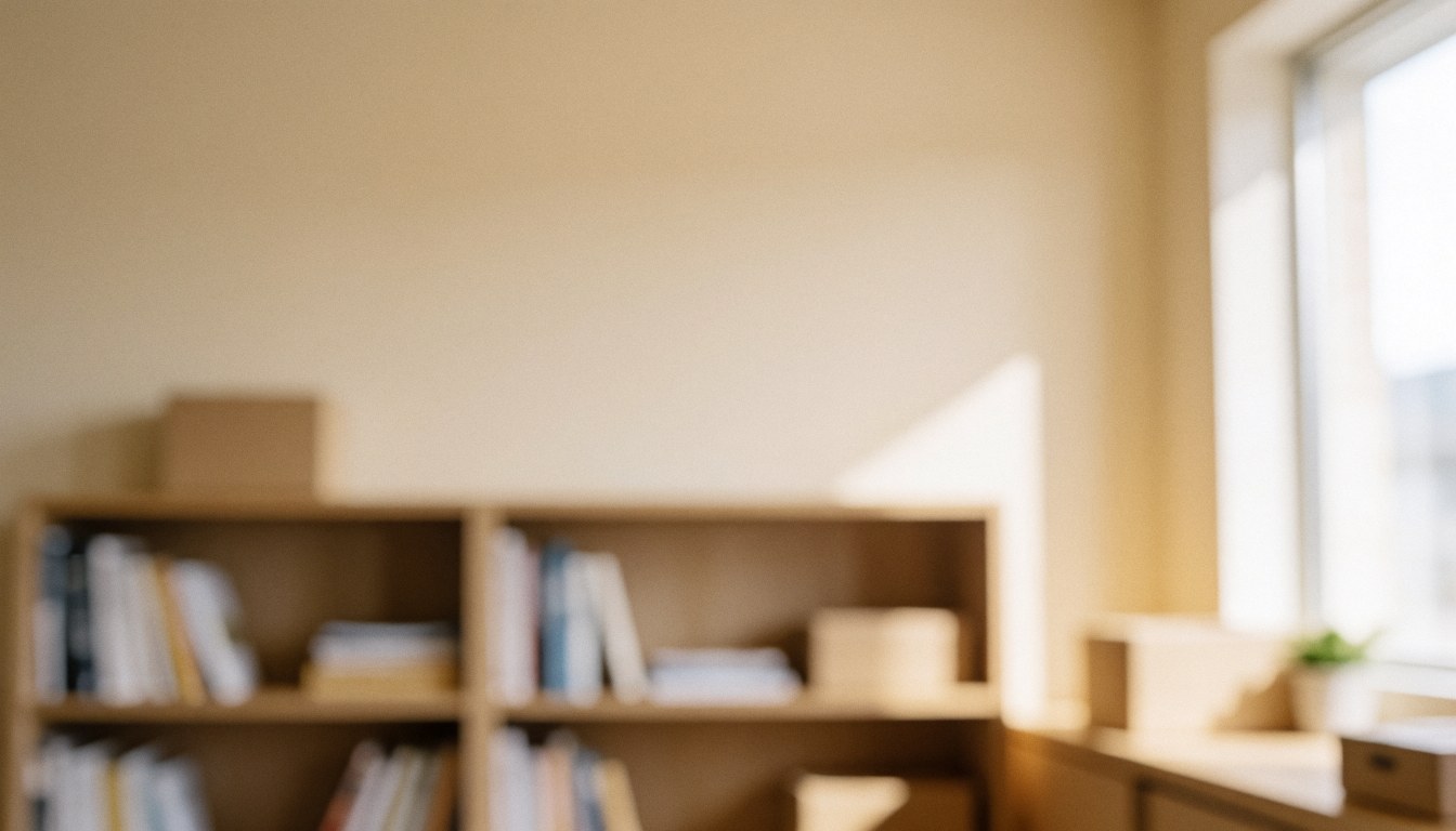 Blurred modern office background featuring a wooden bookshelf, beige wall, and natural window light, suitable for psychology and wellness marketing text.