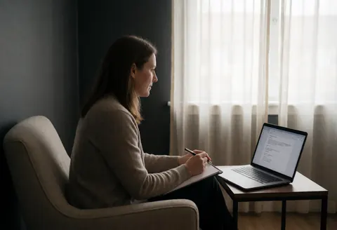 A psychologist sits in a home office with a laptop and notebook, surrounded by a calm and professional atmosphere with soft natural light filtering through curtains.