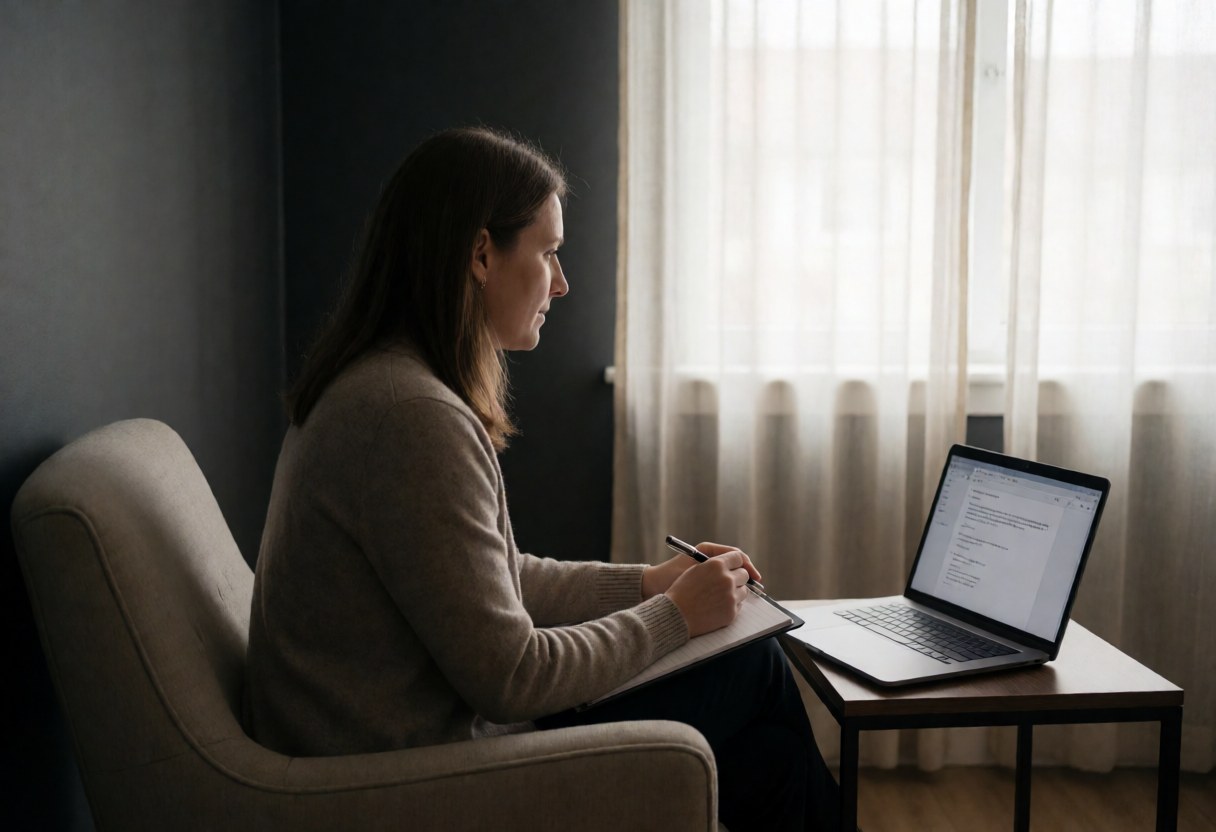 A psychologist sits in a home office with a laptop and notebook, surrounded by a calm and professional atmosphere with soft natural light filtering through curtains.