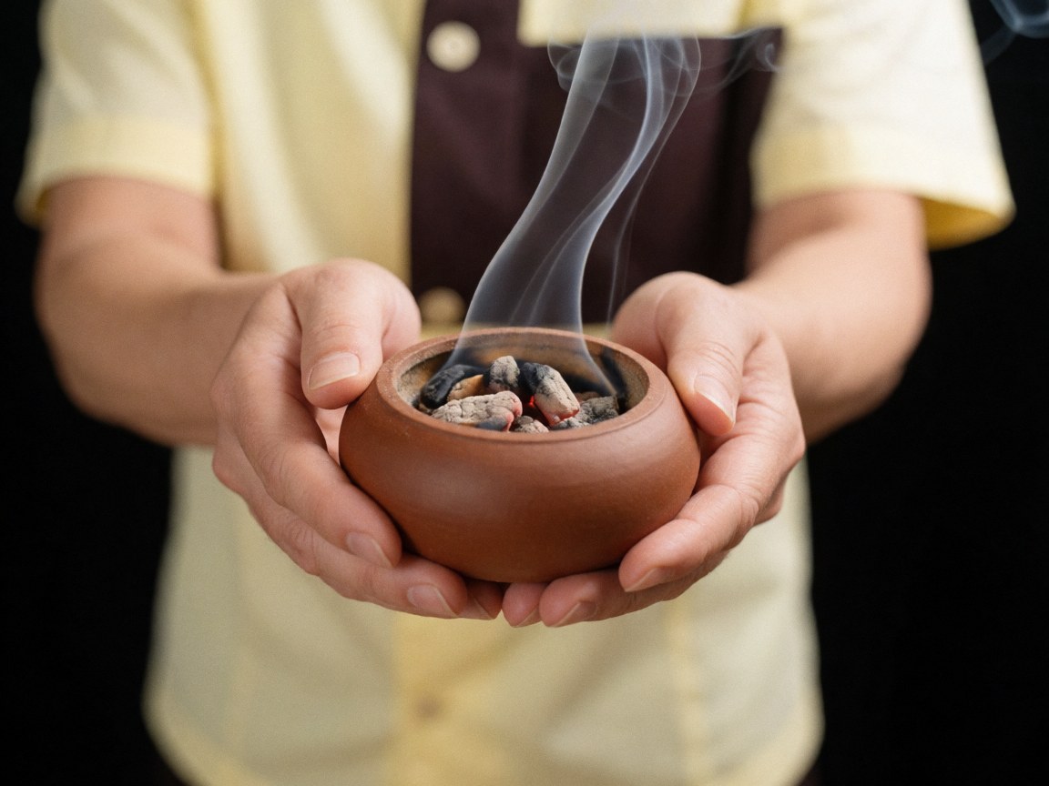 Hands holding a clay incense burner with burning copal, emitting white smoke against a dark background for spiritual and therapeutic practices