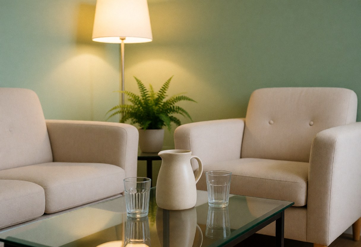 A comfortable waiting area featuring two beige armchairs, a glass table with a vase, a plant, and a lamp against a green wall.