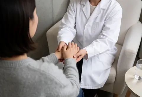 A therapist in a white coat guides a client's hands during a breathing exercise while seated in a chair next to a side table in a warm professional setting.
