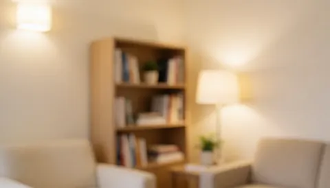 Beige psychology office background featuring a bookshelf, warm lighting, and a calm atmosphere, ideal for text overlay.