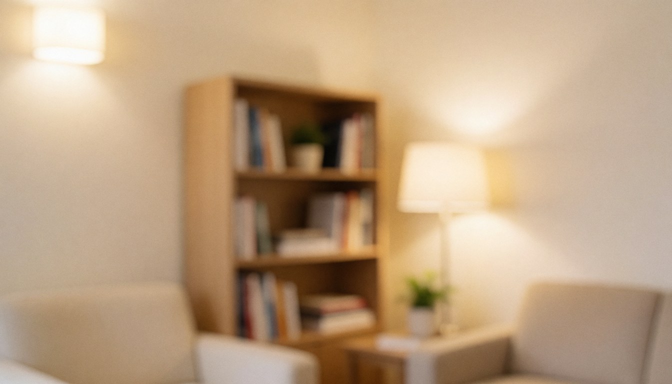 Beige psychology office background featuring a bookshelf, warm lighting, and a calm atmosphere, ideal for text overlay.
